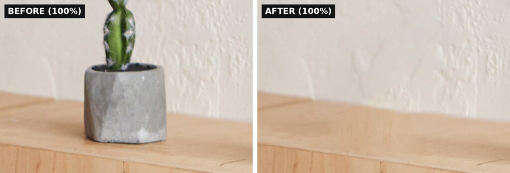 Content-Aware Fill removing a cactus from a wooden shelf at 100% zoom, before and after, with smeared wood grain and leftover shadow