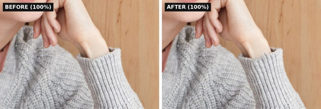 Content-Aware Fill on the edge between skin and a knit sleeve at 100% zoom, before and after, with the cuff edge smeared
